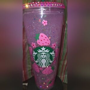 Starbucks Pink Glitter Strawberry Tumbler with Green Logo